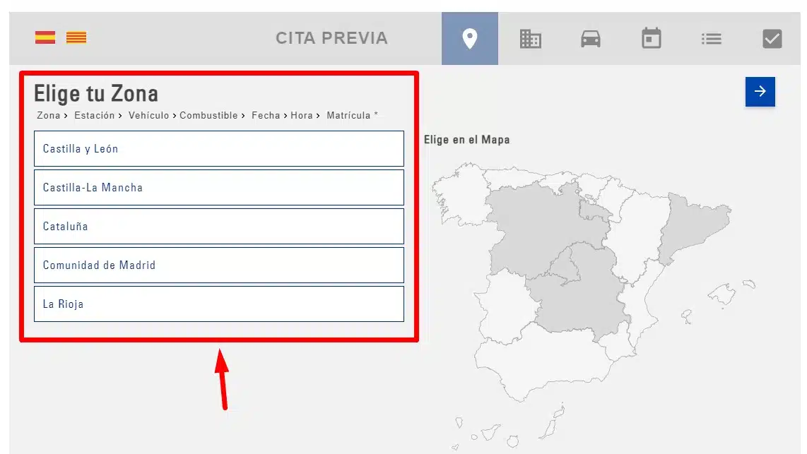 elegir zona cita itv