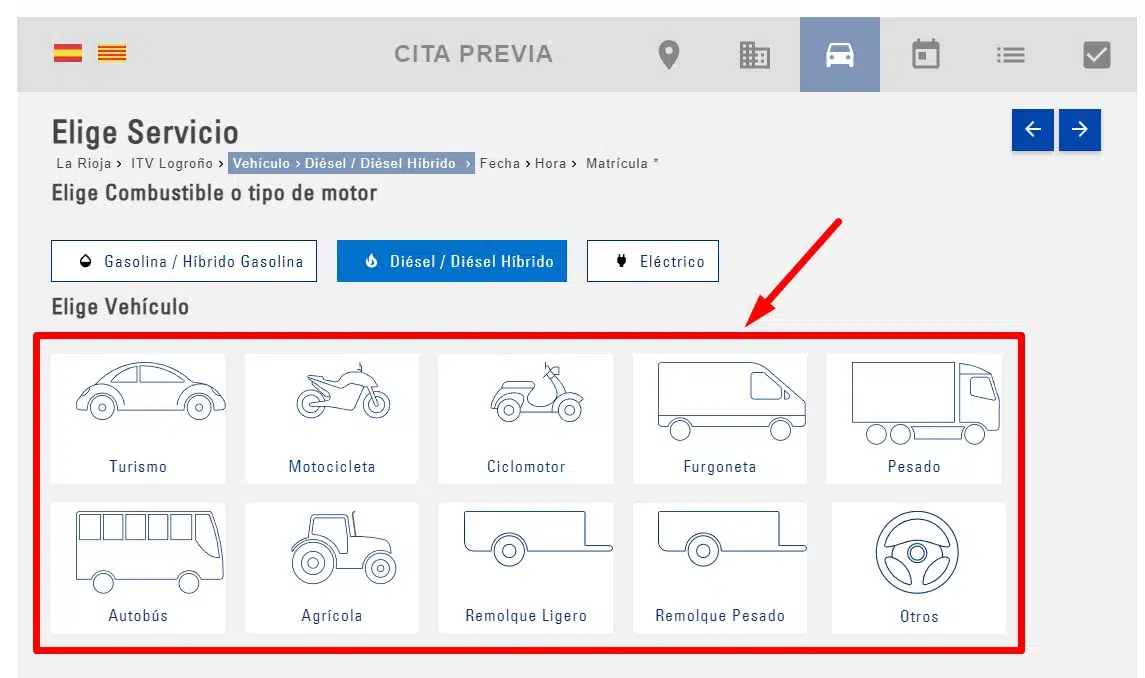 elegir tipo de vehículo